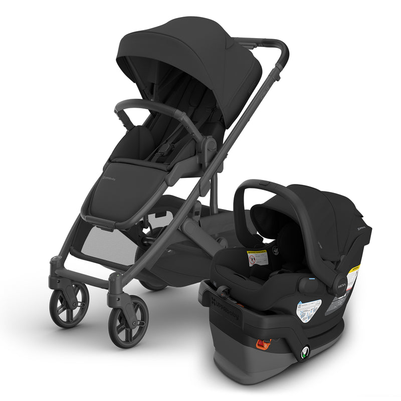 Black UPPAbaby Cruz V3 in jake and Jake Mesa V3 shown as a stroller lightweight combo ideal for travel system setups.