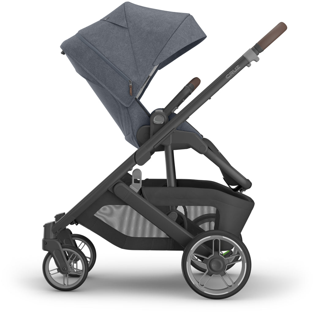 Front reclined view of uppababy Cruz V3 Stroller Julian, baby stroller designed for smooth rides and versatility