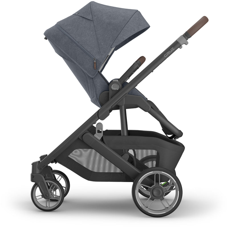 Front reclined view of uppababy Cruz V3 Stroller Julian, baby stroller designed for smooth rides and versatility
