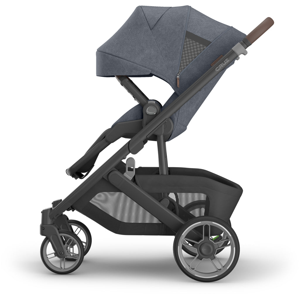 Compact folded Uppababy Cruz V3 Stroller Julian, one handed fold for easy storage and travel system stroller