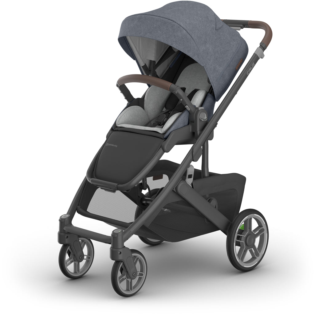 Closeup of wheels on Uppababy Cruz V3 Stroller Julian, great suspension and smooth ride for toddler stroller use
