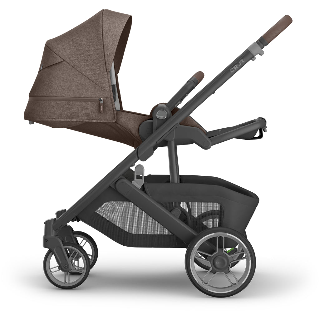 Rear angle of uppababy Cruz V3 Stroller Owen, safest stroller design with great suspension and baby stroller comfort