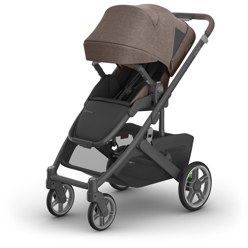 Left side canopy extended on uppababy Cruz V3 Stroller Owen, UPF 50 protection for safe stroller from newborn to toddler
