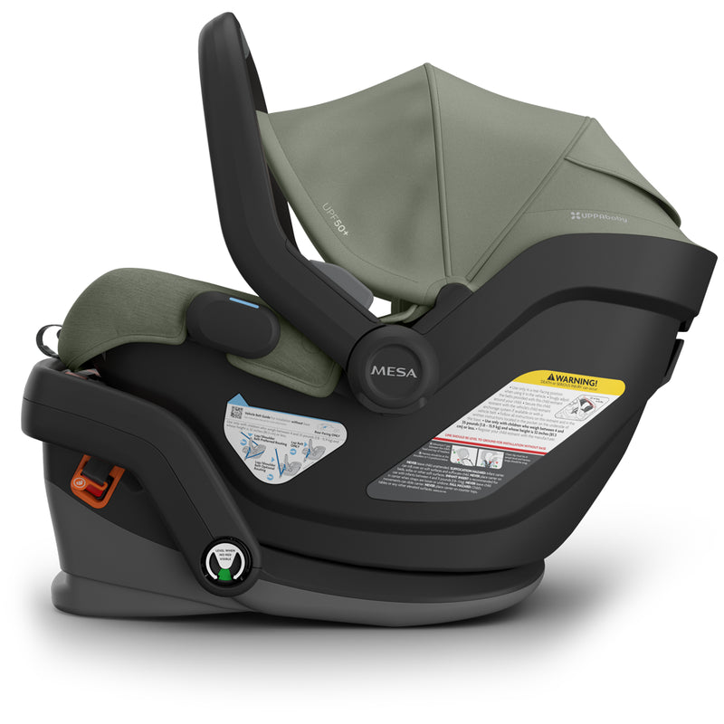 Top-down angle of Uppababy Mesa V3 Infant Car Seat Evelyn green highlighting safe infant car seat features
