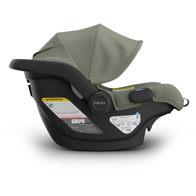 Overhead view of Uppababy Mesa V3 Infant Car Seat Evelyn green emphasizing car seat travel system compatibility