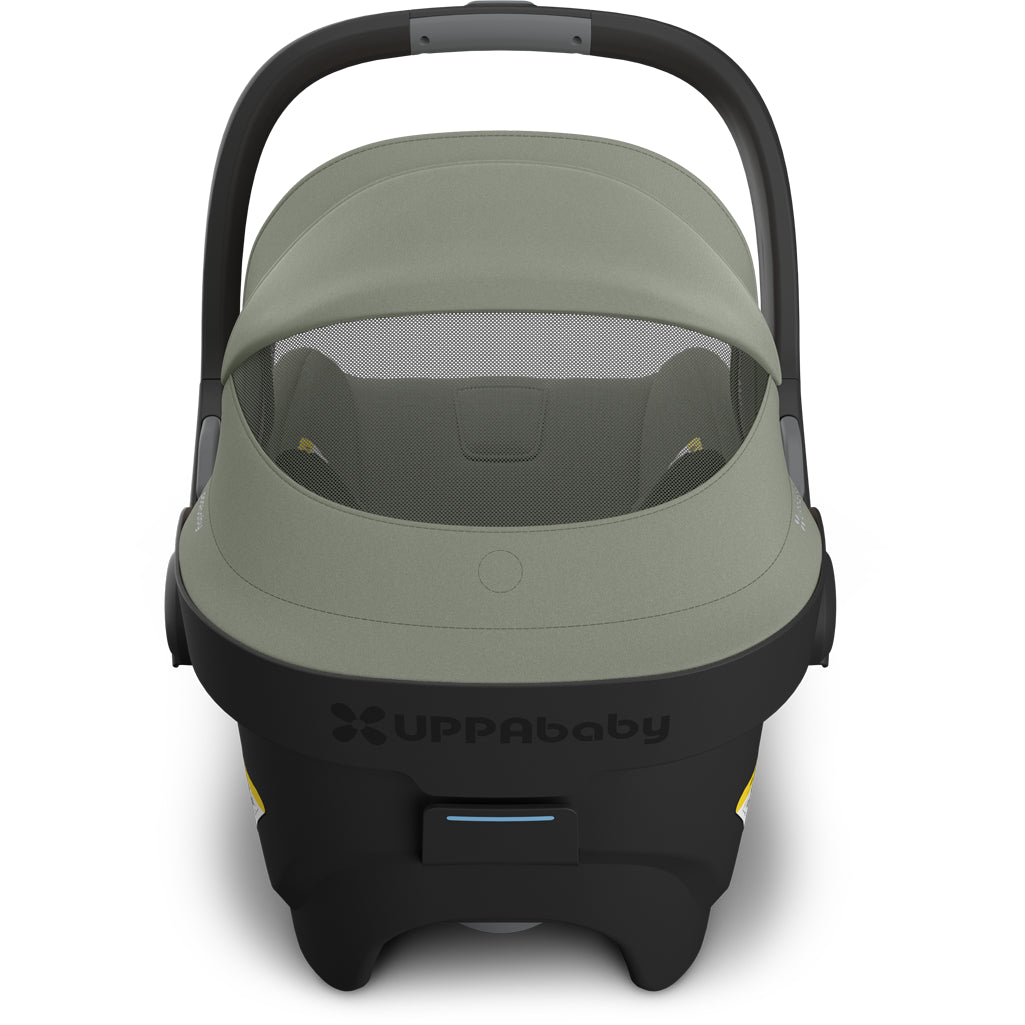 Back window of Uppababy Mesa V3 Infant Car Seat Evelyn green showing modular stroller travel system