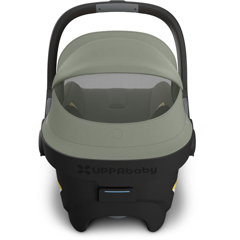 Back window of Uppababy Mesa V3 Infant Car Seat Evelyn green showing modular stroller travel system