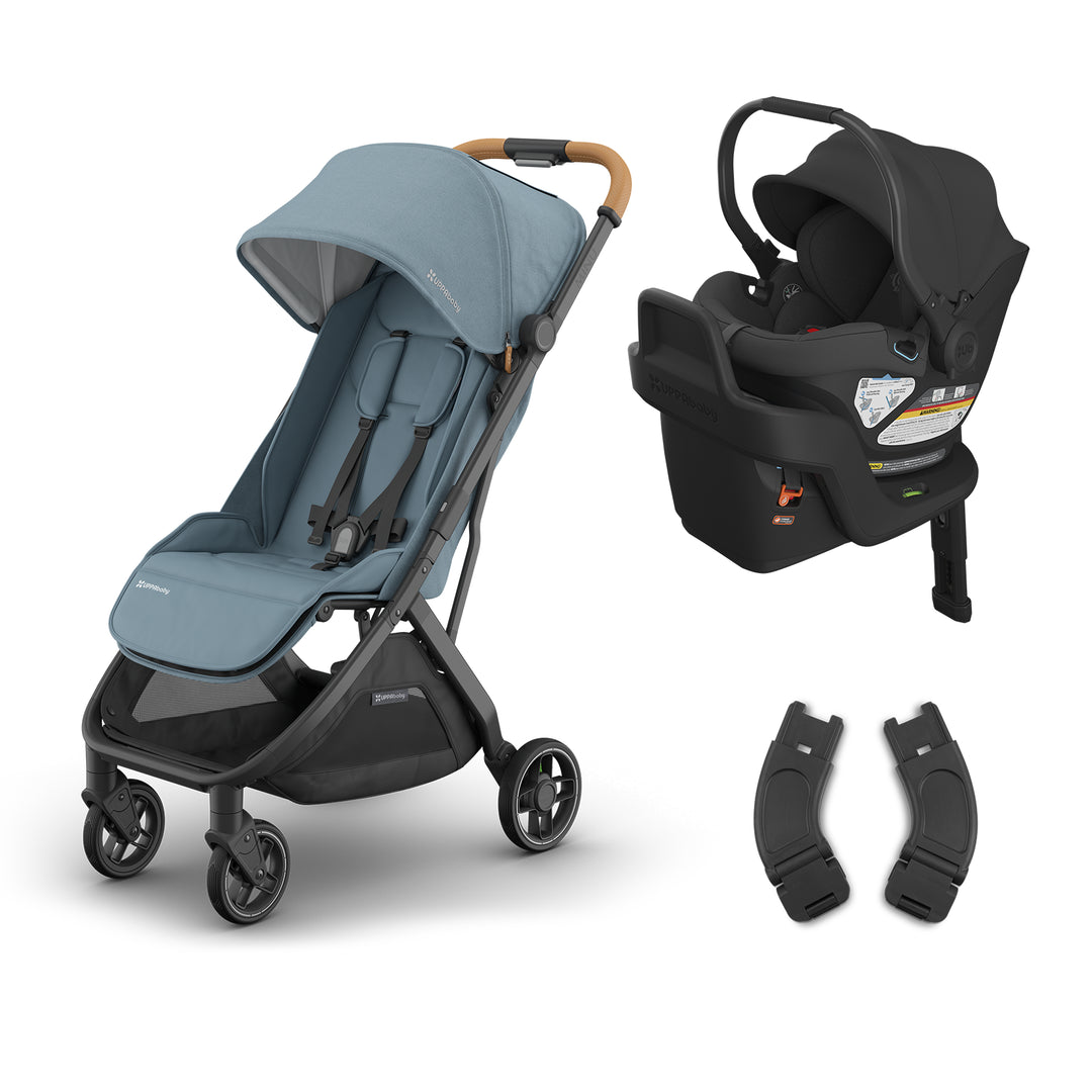 Dillan UPPAbaby Minu V3 with Aria car seat in Jake shown as a best infant stroller travel system for city living.