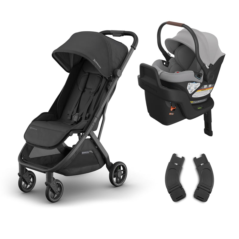 Minu V3 in Jake and Aria in Anthony from UPPAbaby, featuring a best lightweight travel stroller for infants.