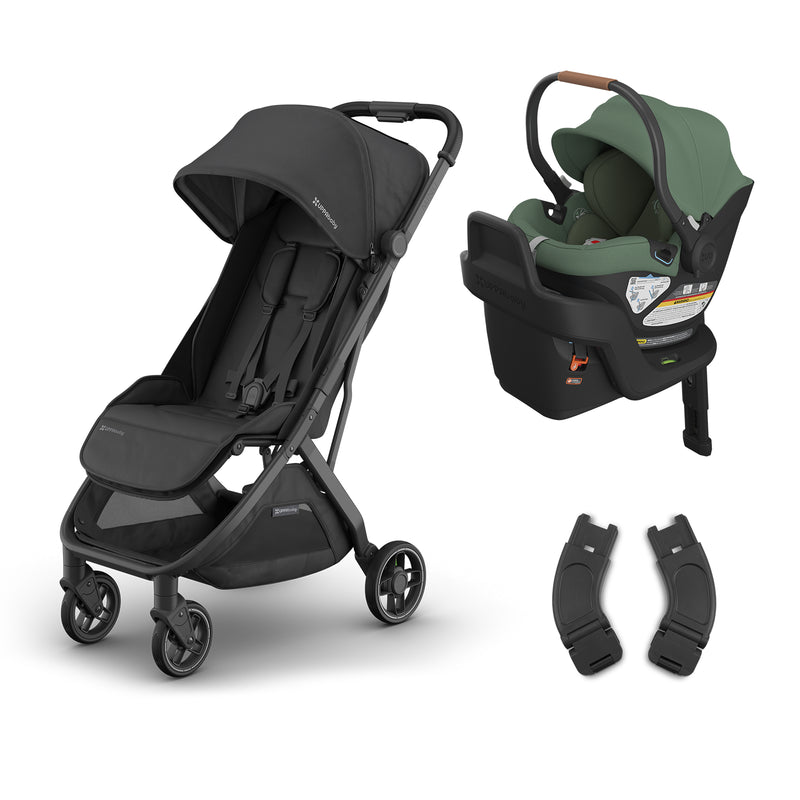 Jake Minu V3 stroller with Gwen Aria car seat by UPPAbaby, part of a compact and lightweight infant car seat system.