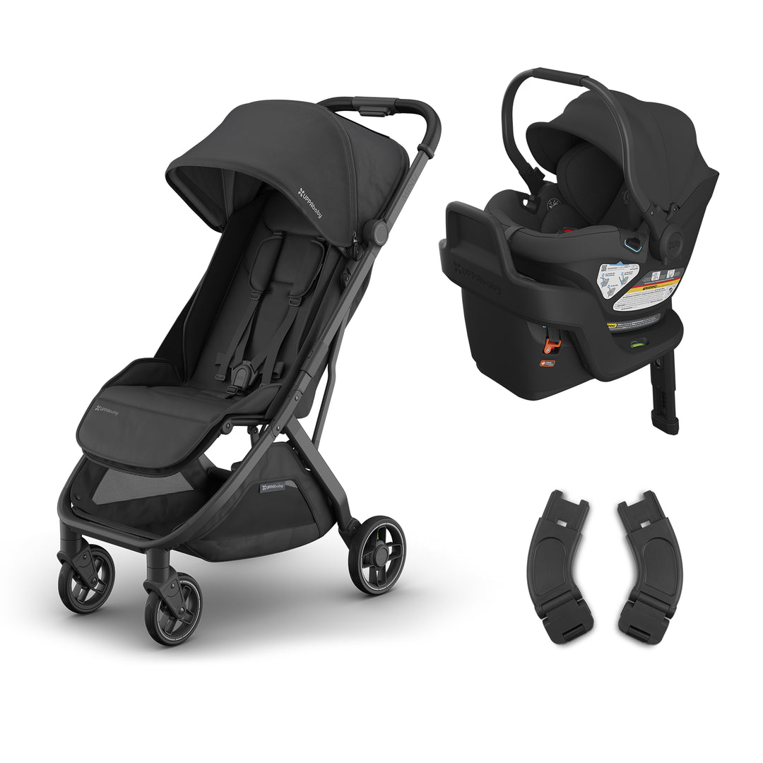 UPPAbaby Minu V3 in Jake with Aria car seat in Jake shown as a compact stroller travel system for infants.