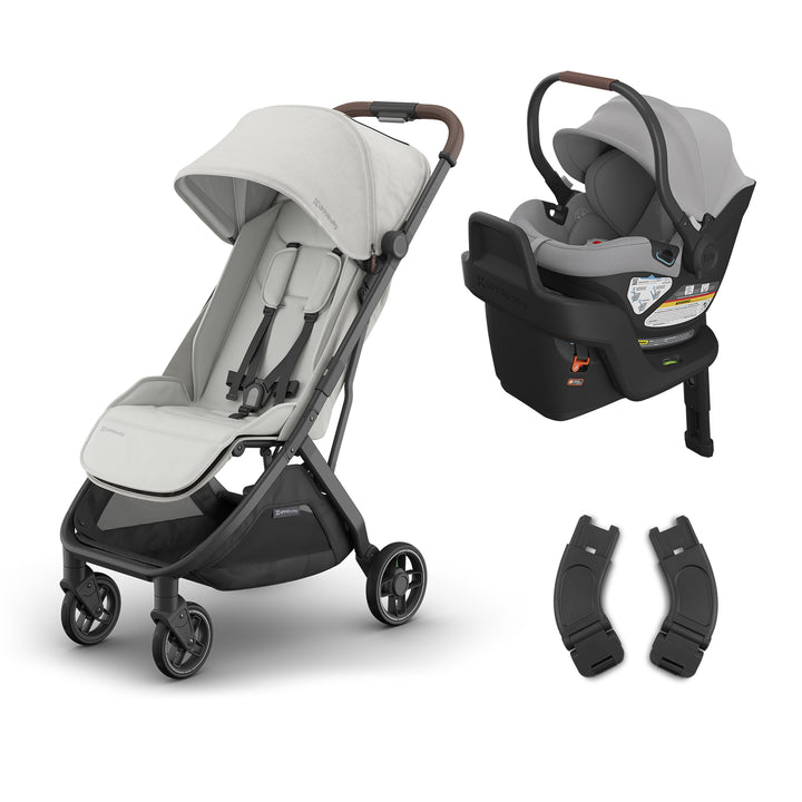 Savannah Minu V3 stroller and Aria in Anthony by UPPAbaby shown together as a greenguard gold certified stroller combo.