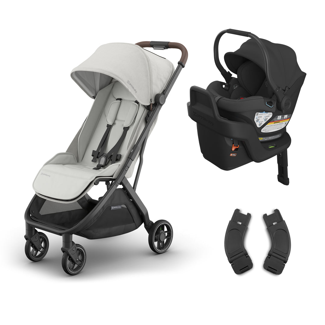 UPPAbaby Minu V3 in Savannah with Jake Aria seat, offering the best rated stroller travel system for newborns.