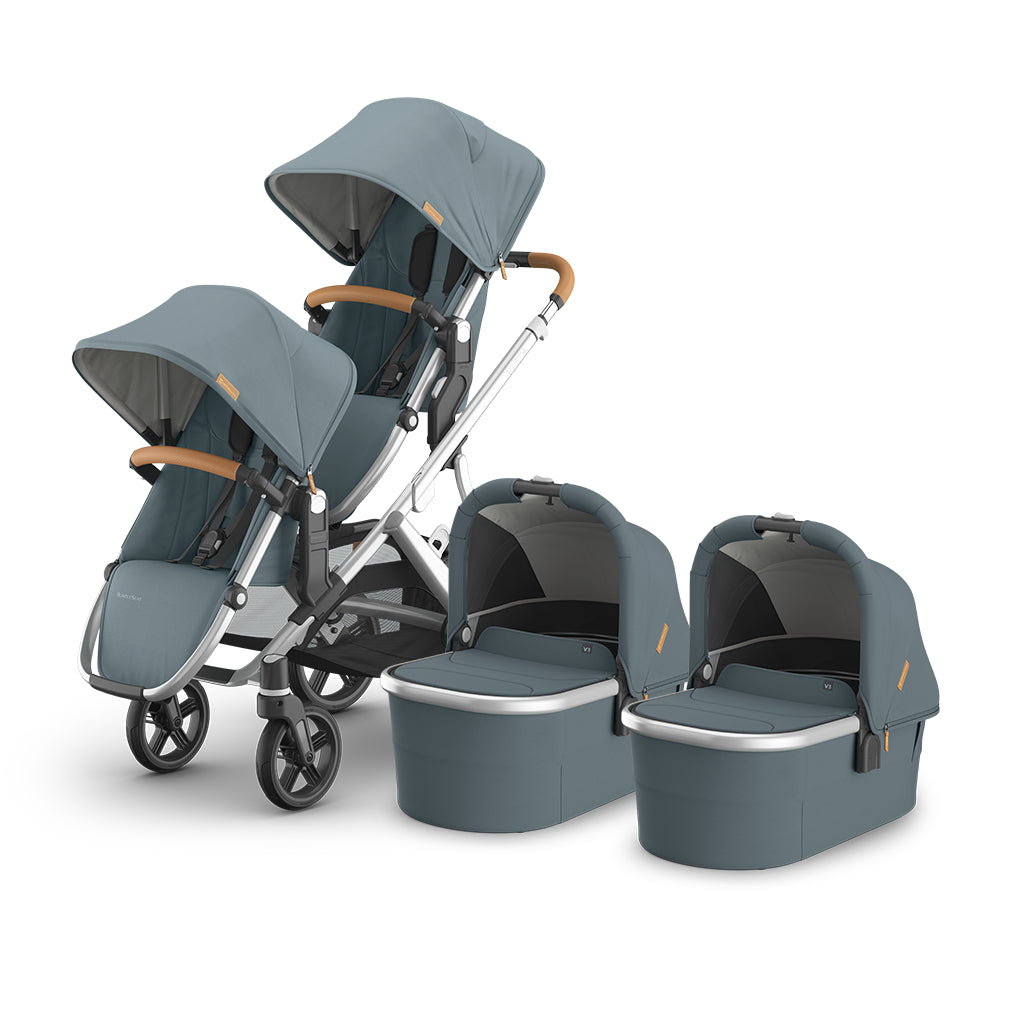 Close-up of UPPAbaby Vista V3 Twin Double Stroller in Callum with bassinet and rumbleseat, newborn to toddler stroller