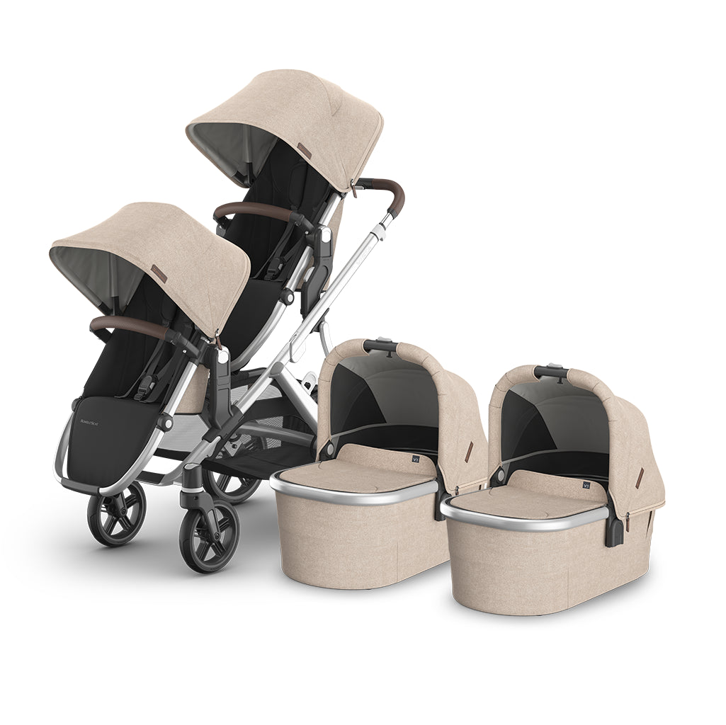Featuring the UPPAbaby Vista V3 Twin Double Stroller in Declan with matching bassinet and rumbleseat, great twin stroller