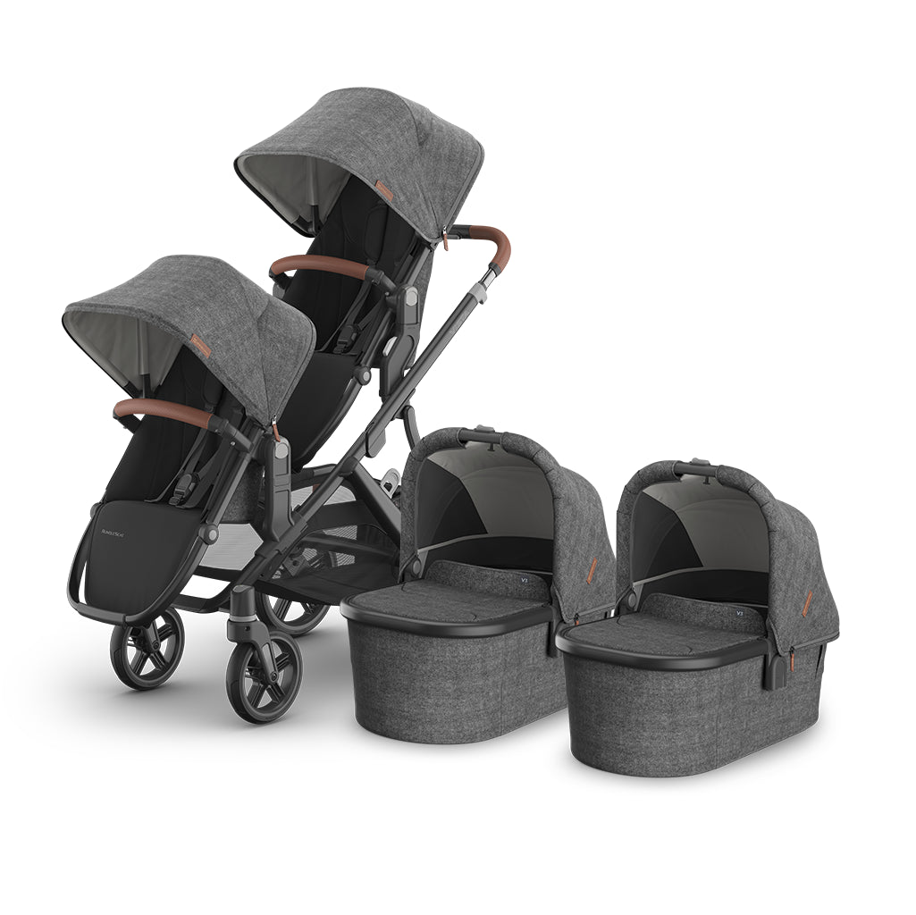 Explore the UPPAbaby Vista V3 Twin Double Stroller in Greyson featuring bassinet and rumbleseat, a top choice modular stroller