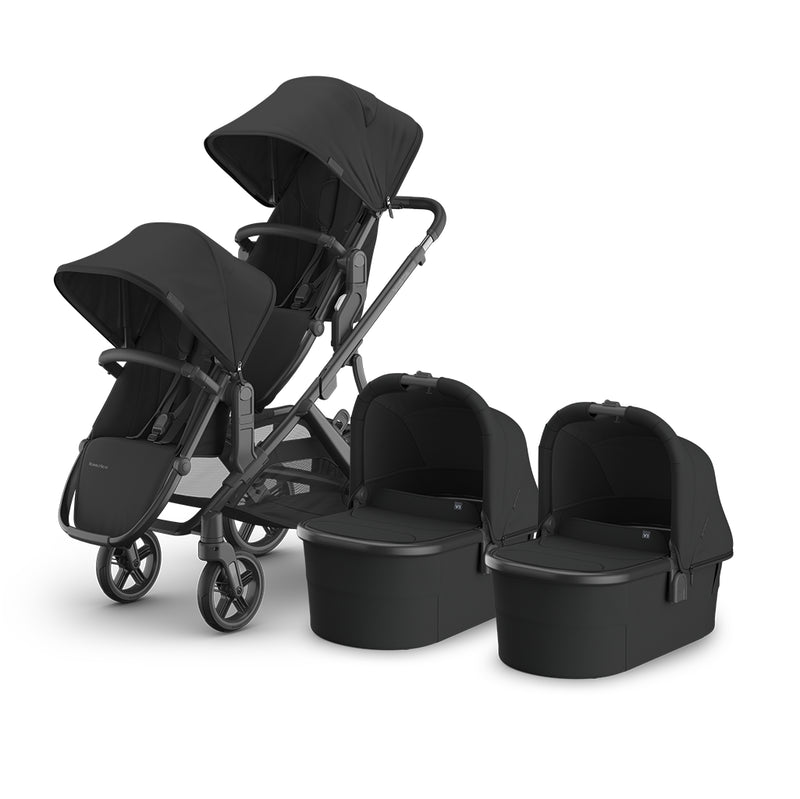 Side view of the UPPAbaby Vista V3 Twin Double Stroller in Jake with bassinet and rumbleseat, ideal stroller for twins
