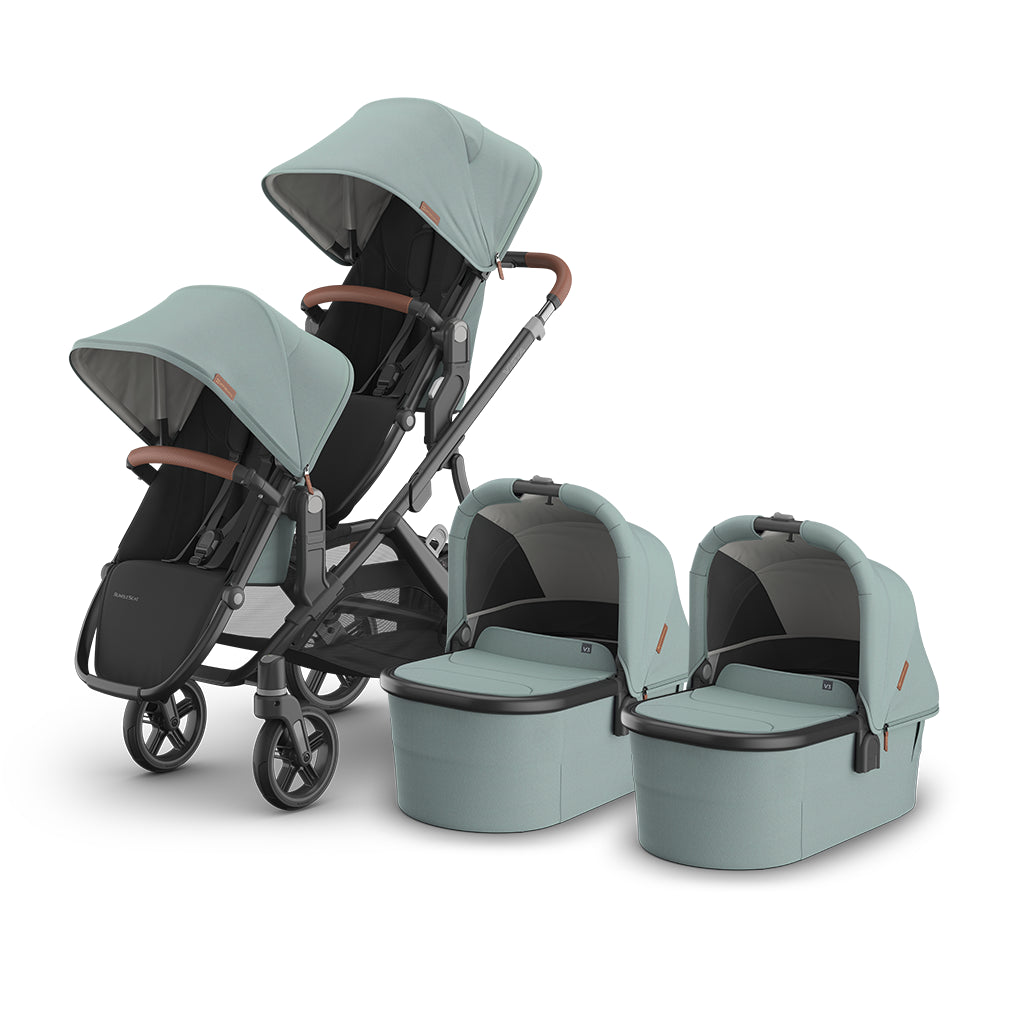 UPPAbaby Vista V3 Twin Double Stroller in Kenzi shown with bassinet and rumbleseat, convertible single to double stroller
