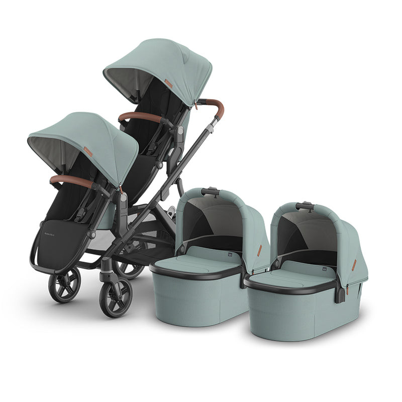 UPPAbaby Vista V3 Twin Double Stroller in Kenzi shown with bassinet and rumbleseat, convertible single to double stroller