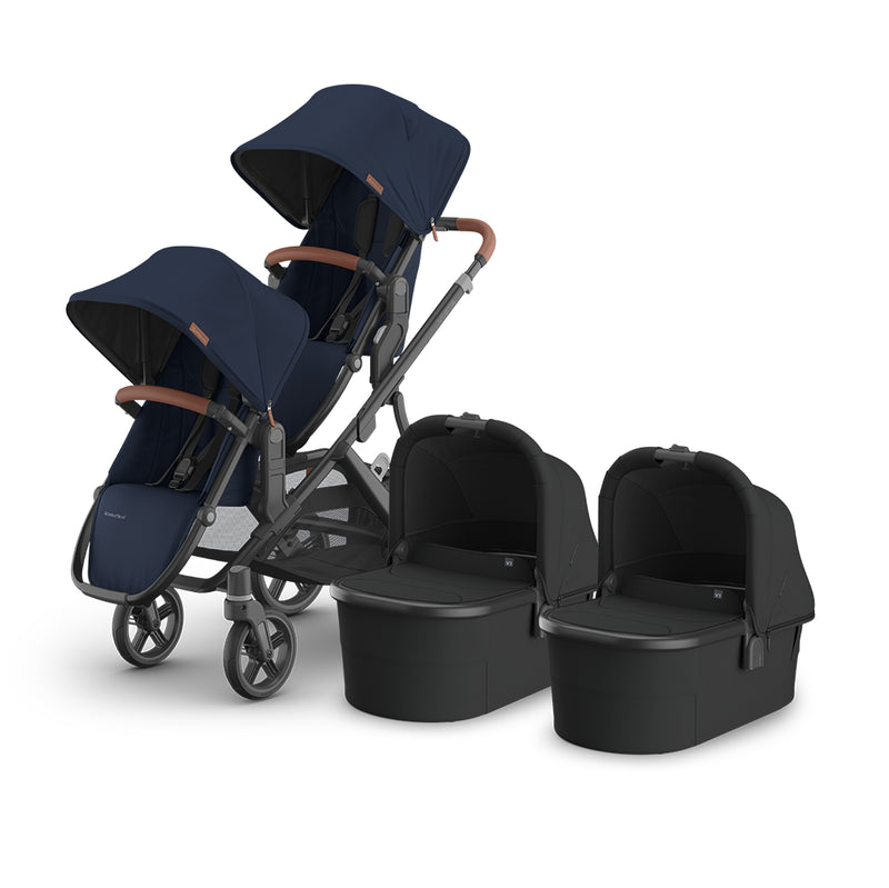 Chic UPPAbaby Vista V3 Twin Double Stroller in Noa with matching bassinet and rumbleseat, stroller with car seat attachment