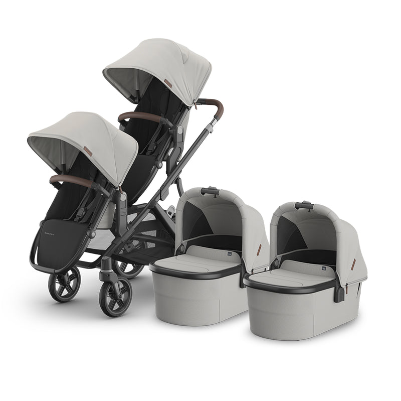 Meet the UPPAbaby Vista V3 Twin Double Stroller in Savannah, bassinet and rumbleseat included, excellent all terrain wheels