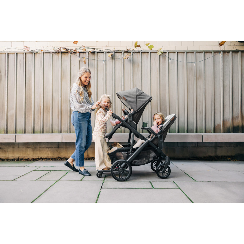Close view of UPPAbaby Vista V3 Twin Double Stroller setup, showcasing the bassinet feature, best for newborns