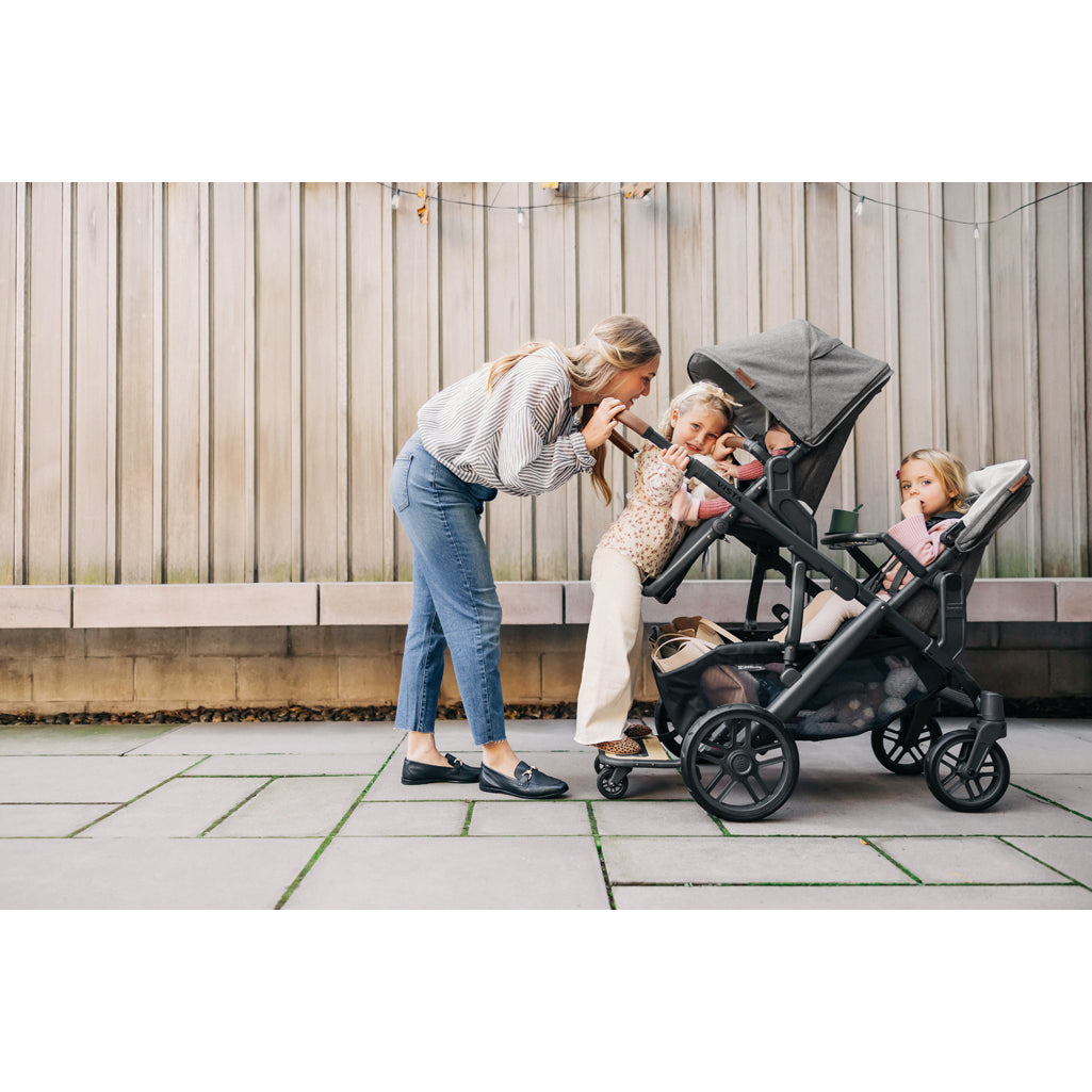 Stunning image of UPPAbaby Vista V3 Twin Double Stroller with both toddler seats installed, modular and versatile