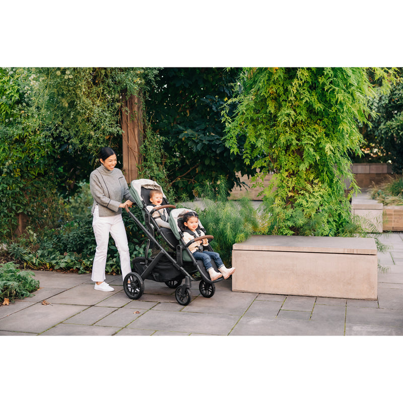 UPPAbaby Vista V3 Twin Double Stroller positioned for storage view, flexible single to double stroller design