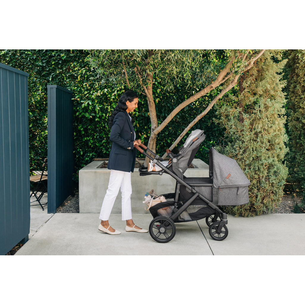 Adventure ready with the UPPAbaby Vista V3 Twin Double Stroller in Savannah, featuring all terrain wheels for easy navigation