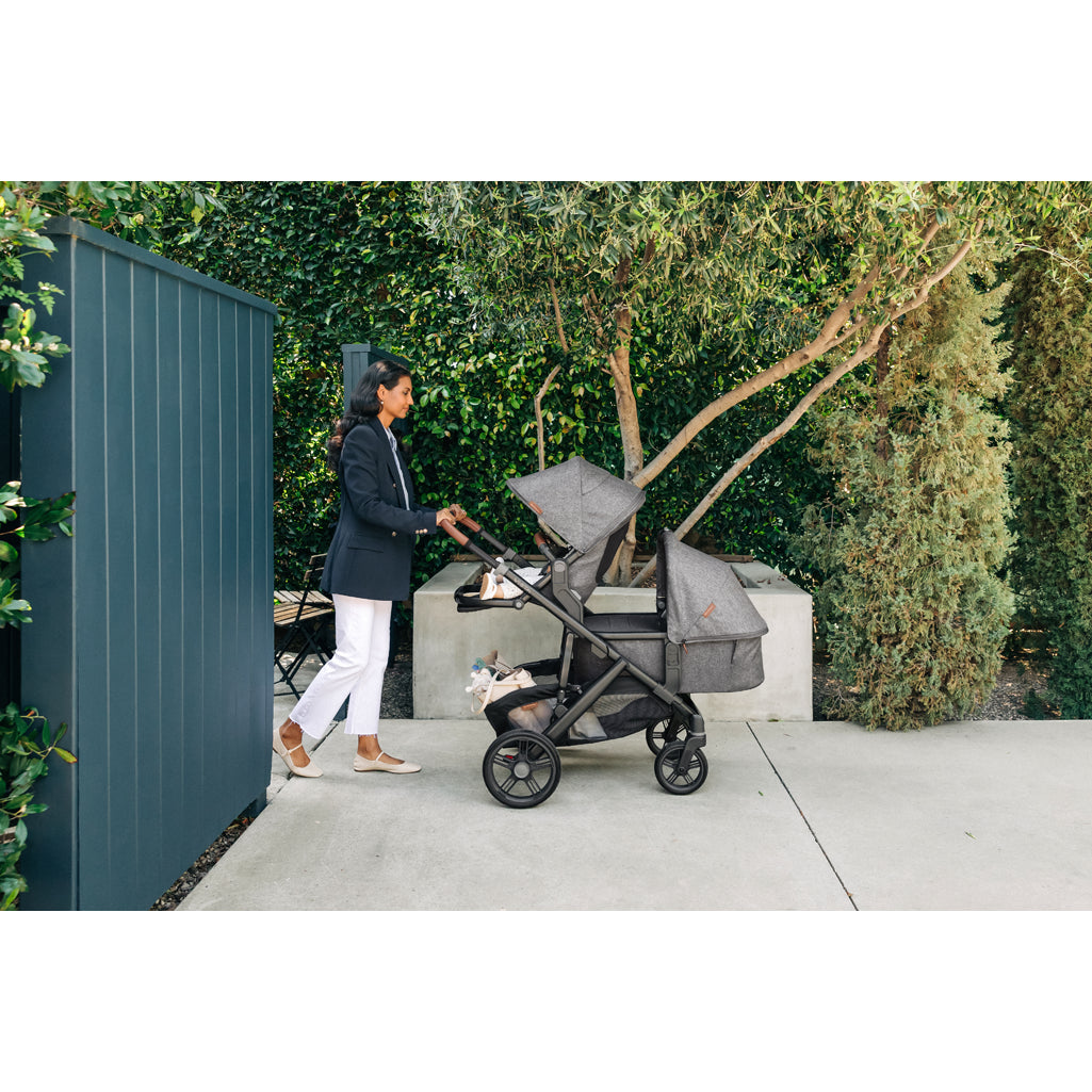 Modern parenting with UPPAbaby Vista V3 Twin Double Stroller in Theo, an ideal stroller with car seat attachment compatibility