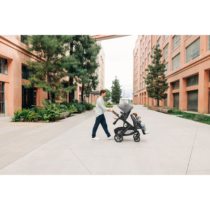 Top-down look at UPPAbaby Vista V3 Twin Double Stroller in Noa, well-equipped with toddler seat and bassinet