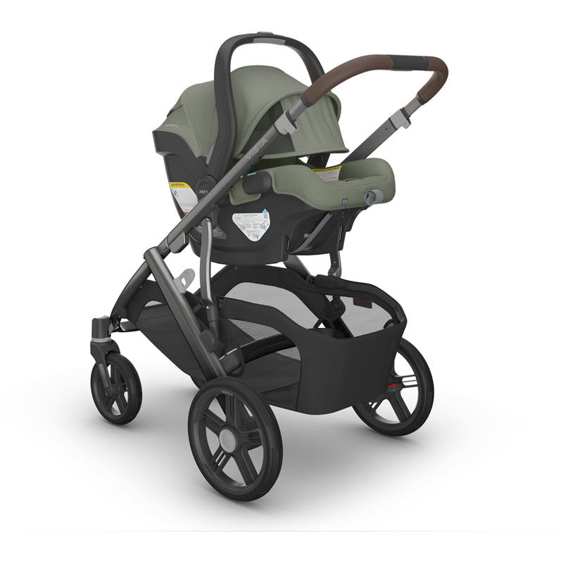 Lowest headrest view of Uppababy Mesa V3 Infant Car Seat Evelyn green showing infant car seat safety