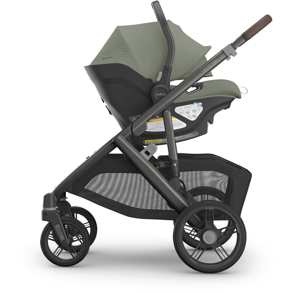 Handle positions view of Uppababy Mesa V3 Infant Car Seat Evelyn green with latch installation support