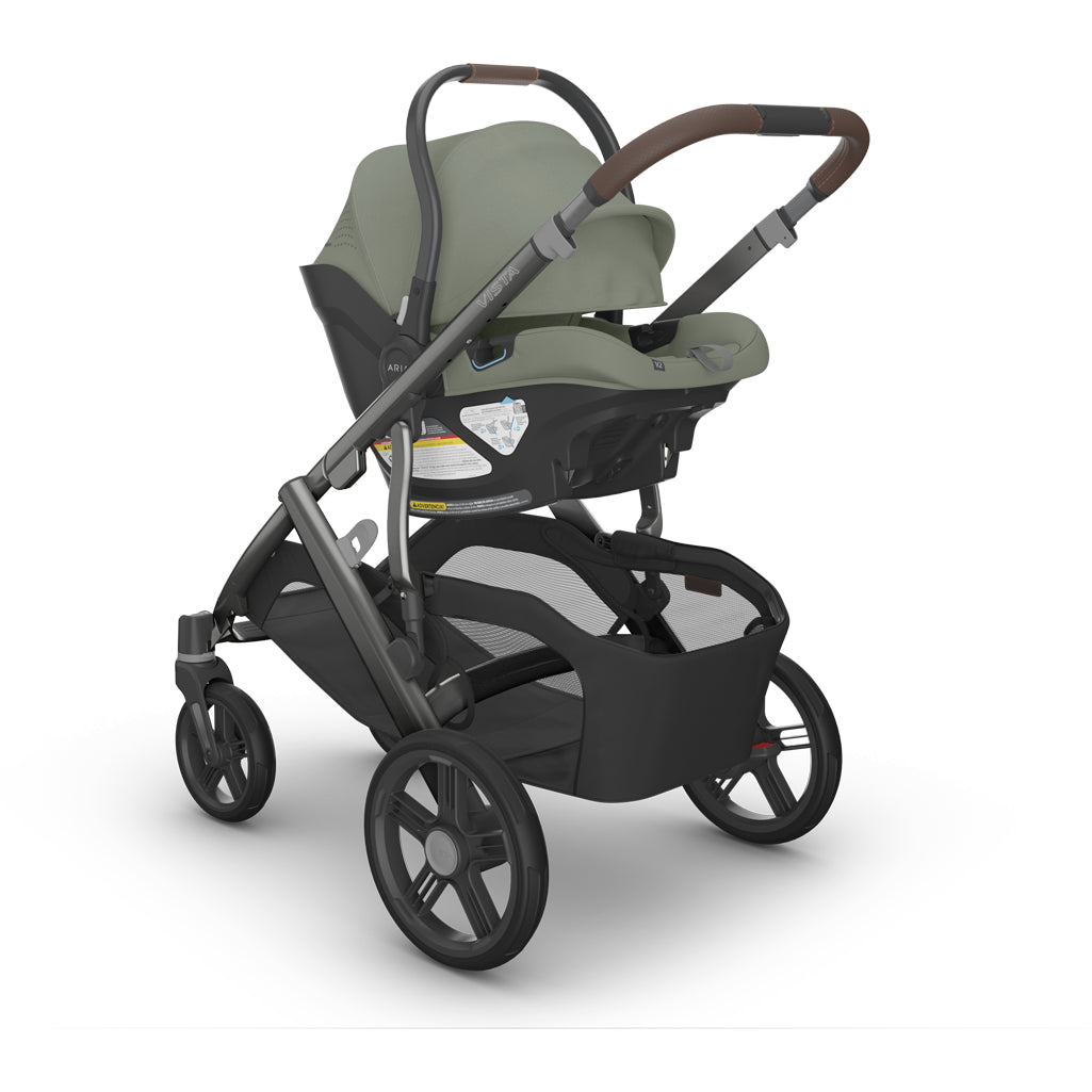 Headrest height adjustment on Uppababy Mesa V3 Infant Car Seat Evelyn green showing great newborn car seat