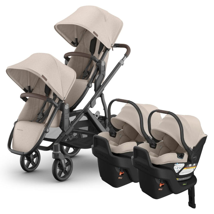 UPPAbaby double stroller travel system for twins in Ada: Vista V3, RumbleSeat V3 and two Aria V2 car seats