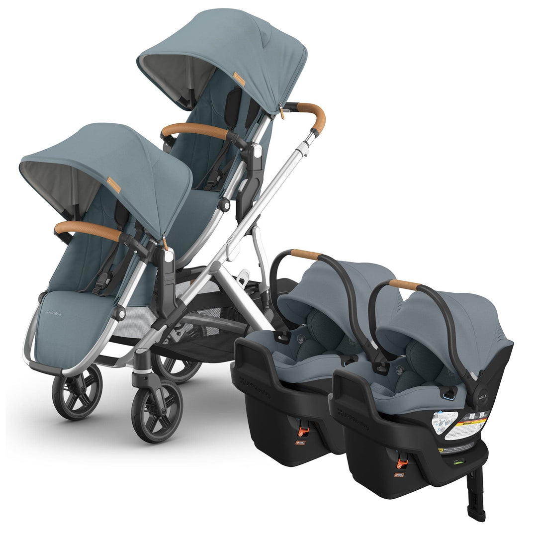 UPPAbaby Vista V3 twin travel system in Callum, RumbleSeat V3 double stroller with two Aria V2 car seats