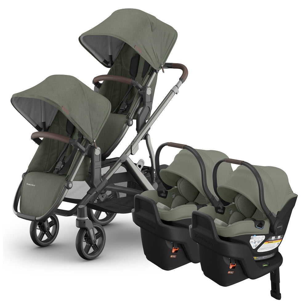 Evelyn twin stroller and car seat bundle: UPPAbaby Vista V3, RumbleSeat V3 and two Aria V2 infant car seats
