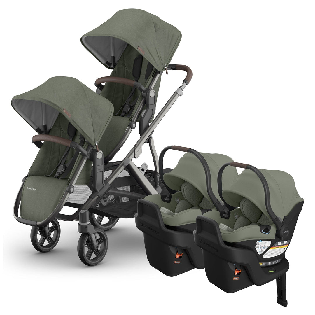 Evelyn twin stroller and car seat bundle: UPPAbaby Vista V3, RumbleSeat V3 and two Aria V2 infant car seats