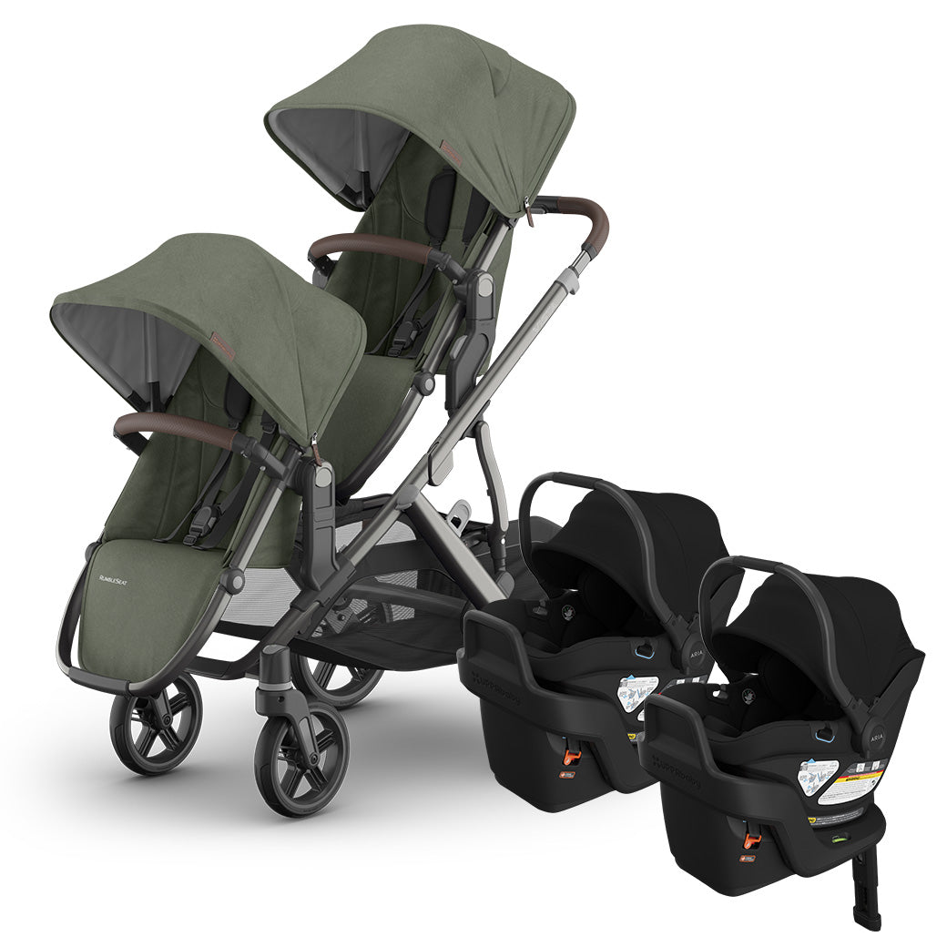 Evelyn UPPAbaby Vista V3 twin stroller with RumbleSeat V3 and two black James Aria V2 infant car seats