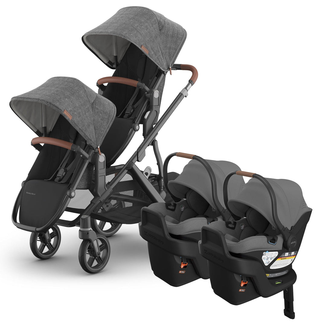 UPPAbaby Vista V3 + Aria V2 Twin Double Travel System in Greyson with RumbleSeat V3 and two Aria V2 car seats