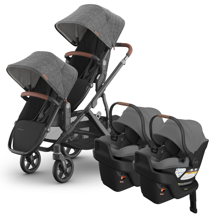UPPAbaby Vista V3 + Aria V2 Twin Double Travel System in Greyson with RumbleSeat V3 and two Aria V2 car seats