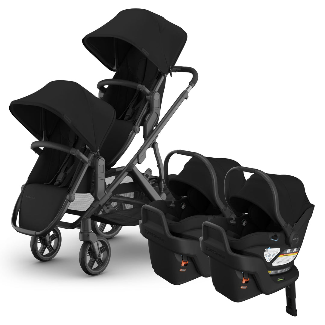 All-black James UPPAbaby Vista V3 + Aria V2 Twin Double Travel System with two lightweight infant car seats