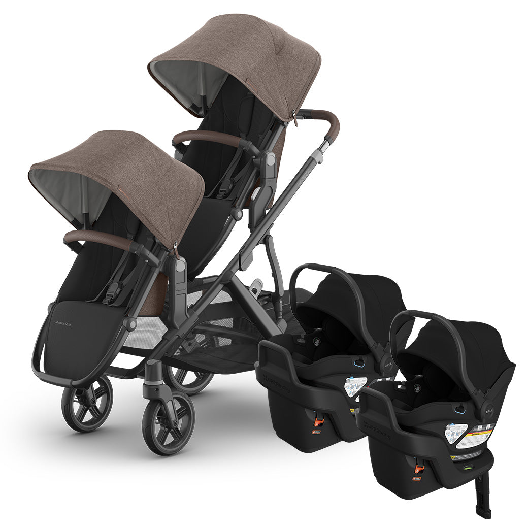 Owen UPPAbaby Vista V3 double stroller travel system with two James Aria V2 infant car seats for twins