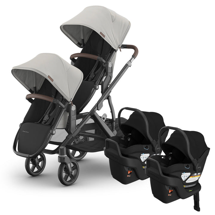 UPPAbaby Vista V3 twin stroller in Savannah with RumbleSeat V3 and two James Aria V2 lightweight car seats