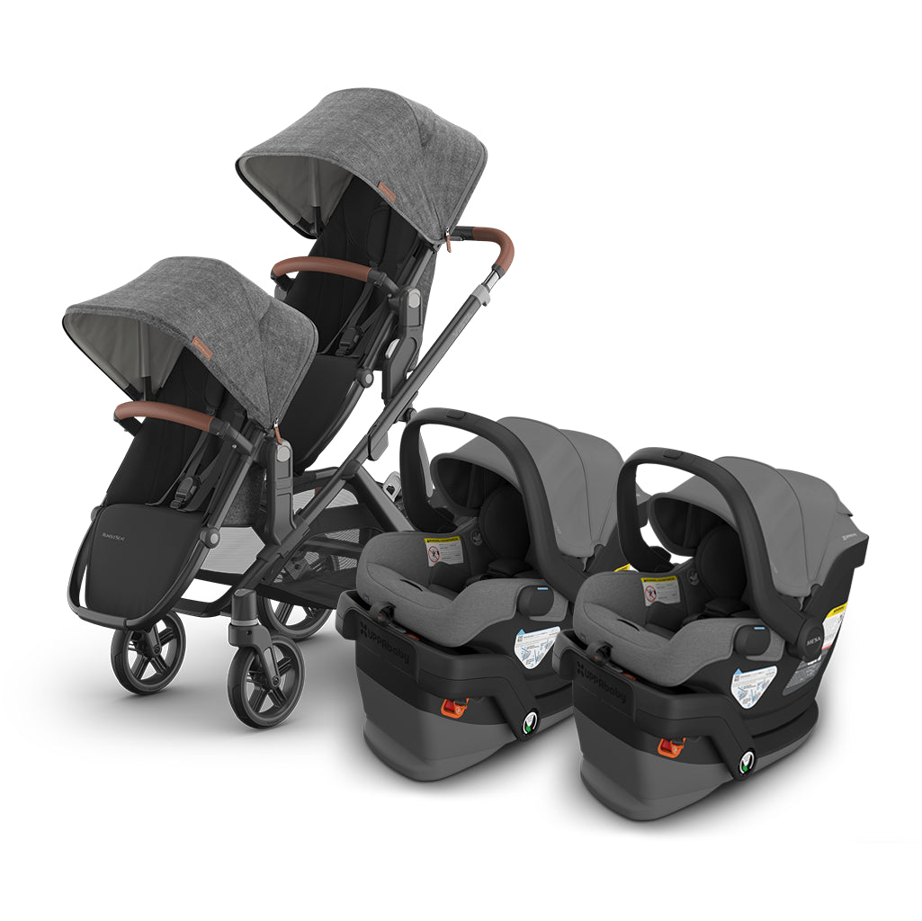 uppababy travel system in greyson grey featuring vista v3 single stroller, mesa v3 car seat