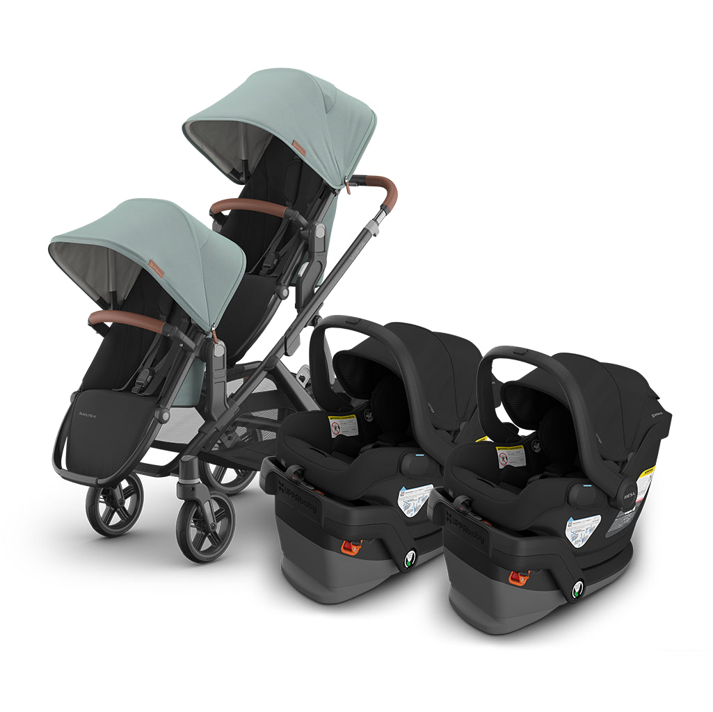 uppababy vista v3 stroller with double rumbleseat and double mesa v3 car seats