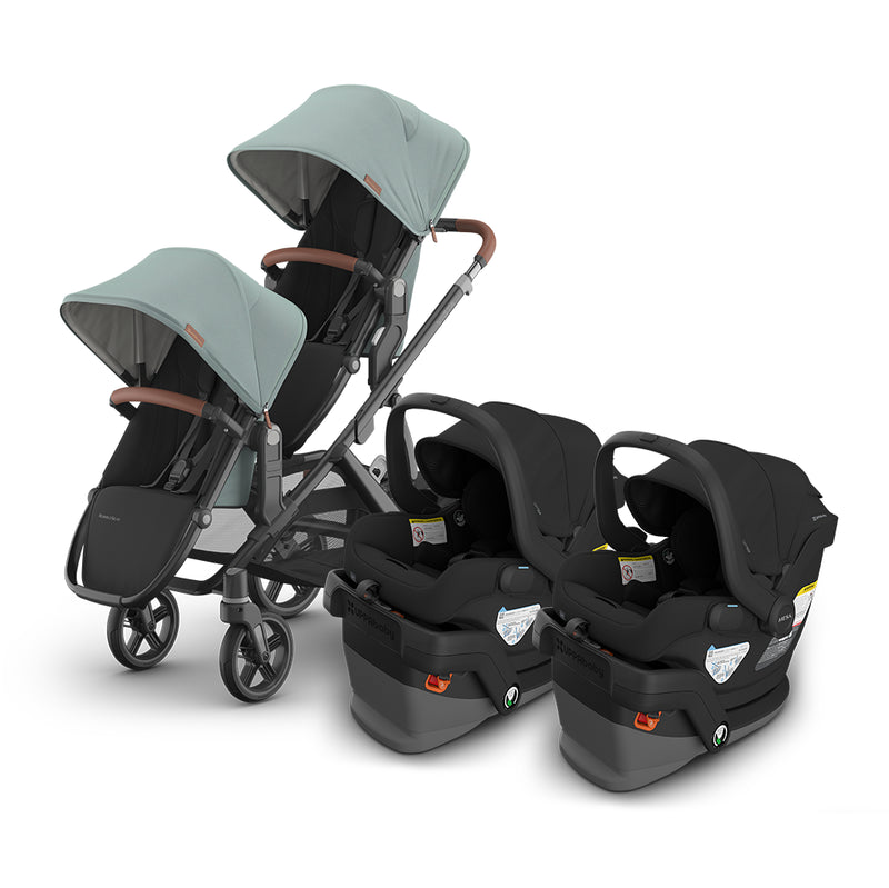 uppababy vista v3 stroller with double rumbleseat and double mesa v3 car seats