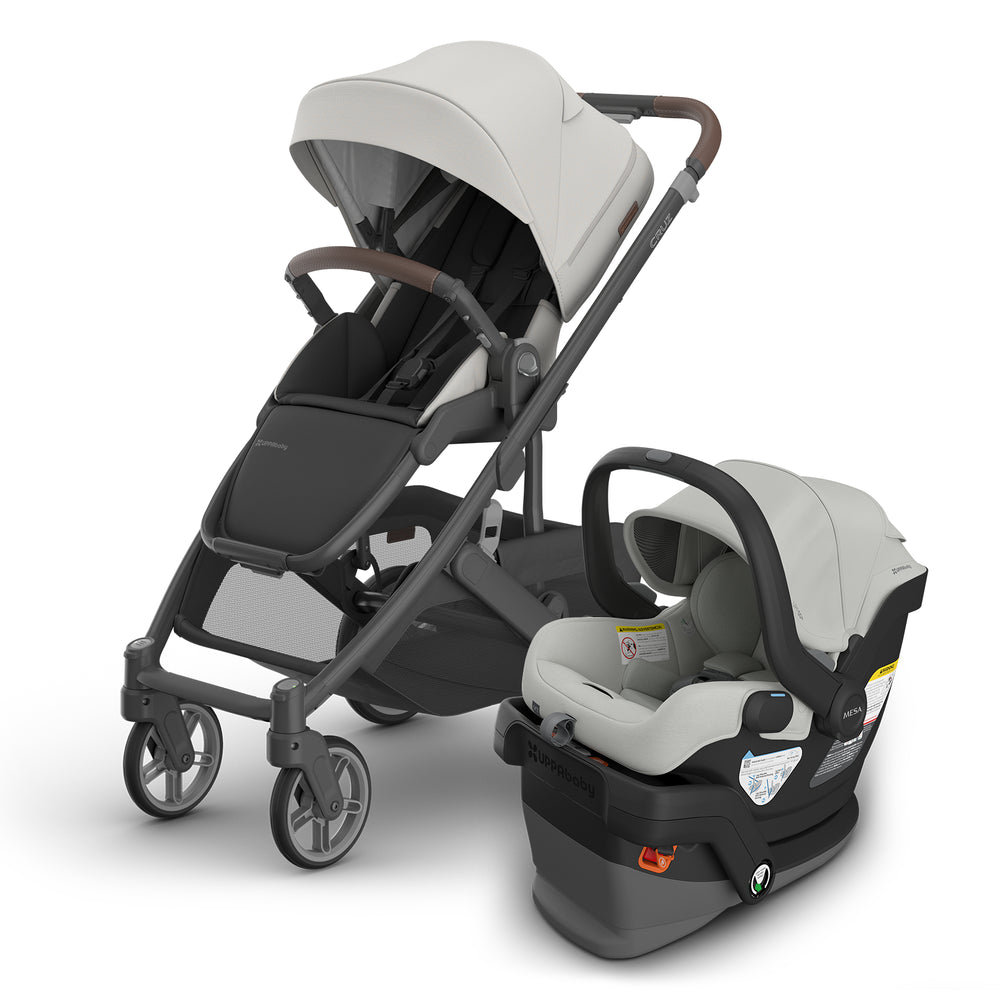 UPPAbaby Cruz V3 and Mesa V3 in Savannah shown as a compact car seat travel system in soft neutral tones.