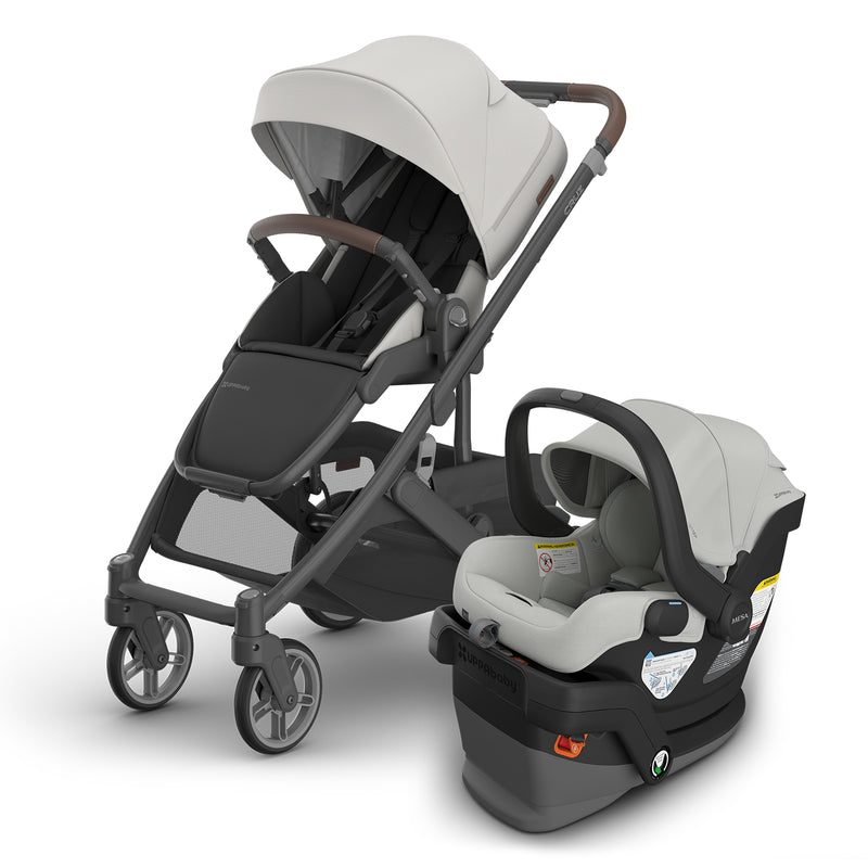 UPPAbaby Cruz V3 and Mesa V3 in Savannah shown as a compact car seat travel system in soft neutral tones.