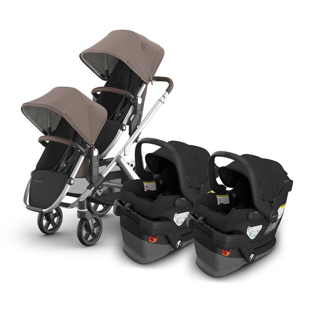 theo brown uppababy vista v3 with included rumbleseats and infant car seat mesa v3
